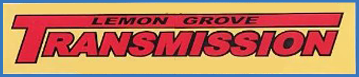 Logo for Lemon Grove Transmission in red and black on a yellow background with a blue border.