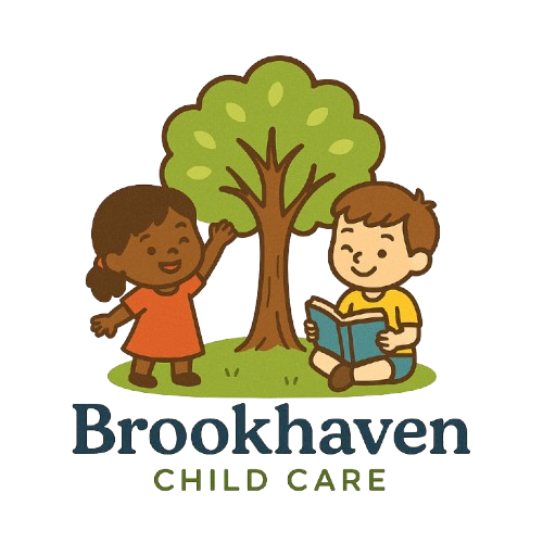 Two children, one dark-skinned, one light-skinned, by a tree.  One waves, the other reads. Child care logo.