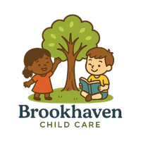 Two children, one dark-skinned, one light-skinned, by a tree. One waves, the other reads. Child care logo.