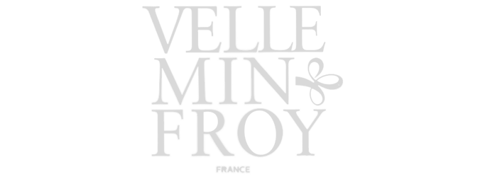 A white logo for velle min froy on a white background.