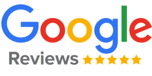 A google review logo with five stars on a white background.