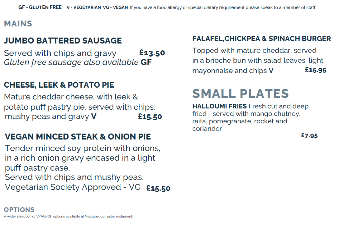A Vegan-Vegetarian-Gluten-Free menu for a Hook restaurant
