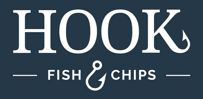 The logo for hook fish and chips has a fishing hook on it.