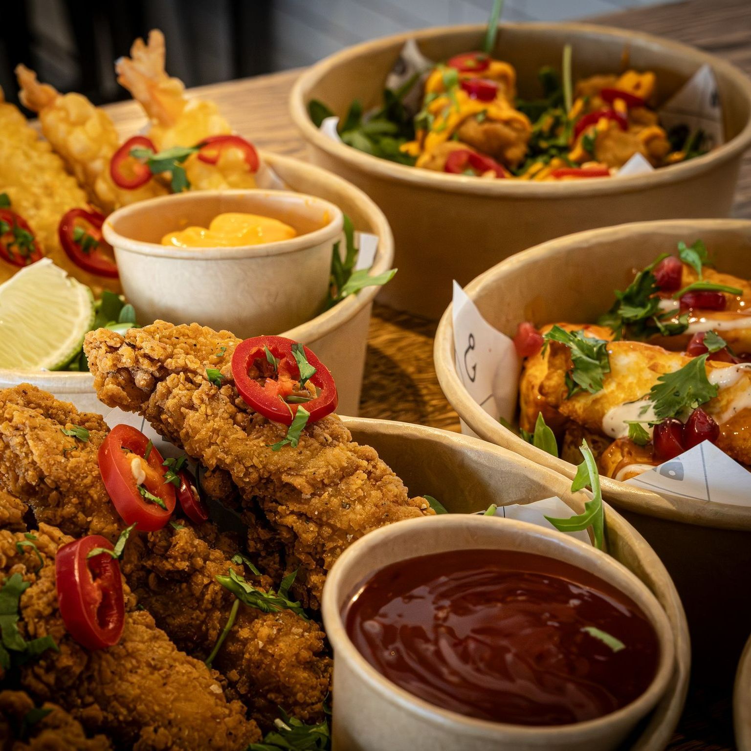 A table topped with bowls of fried food and sauces.
