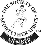 Logo of The Society of Sports Therapists: running figure within a circle, text