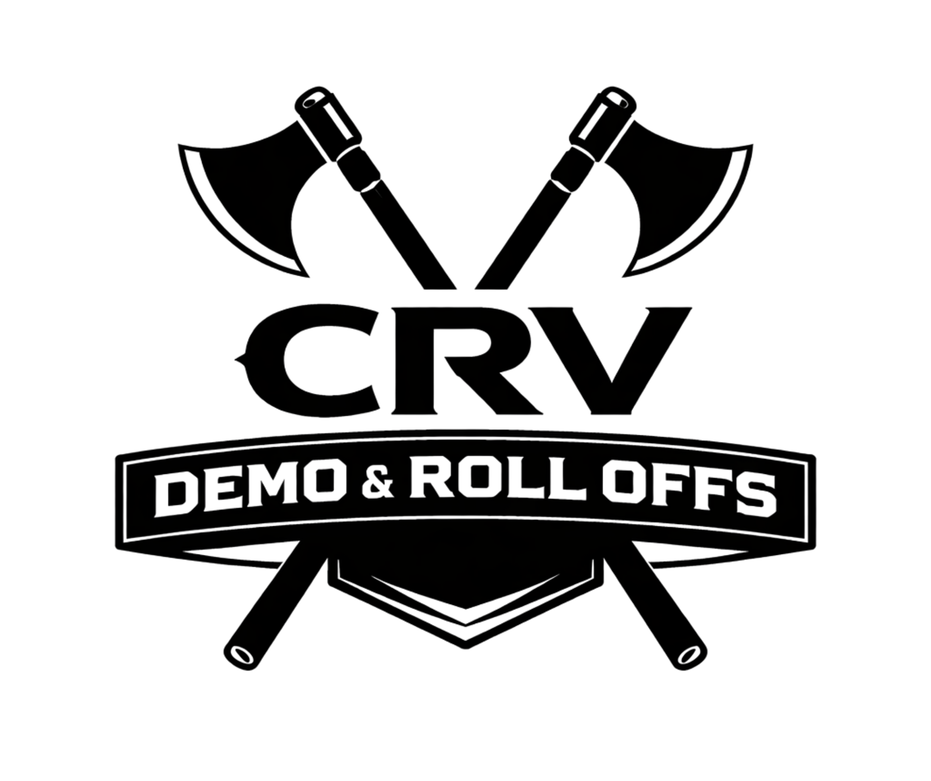 A black-and-white logo showing two crossed axes behind the text "CRV" and a banner reading "DEMO & ROLL OFFS".