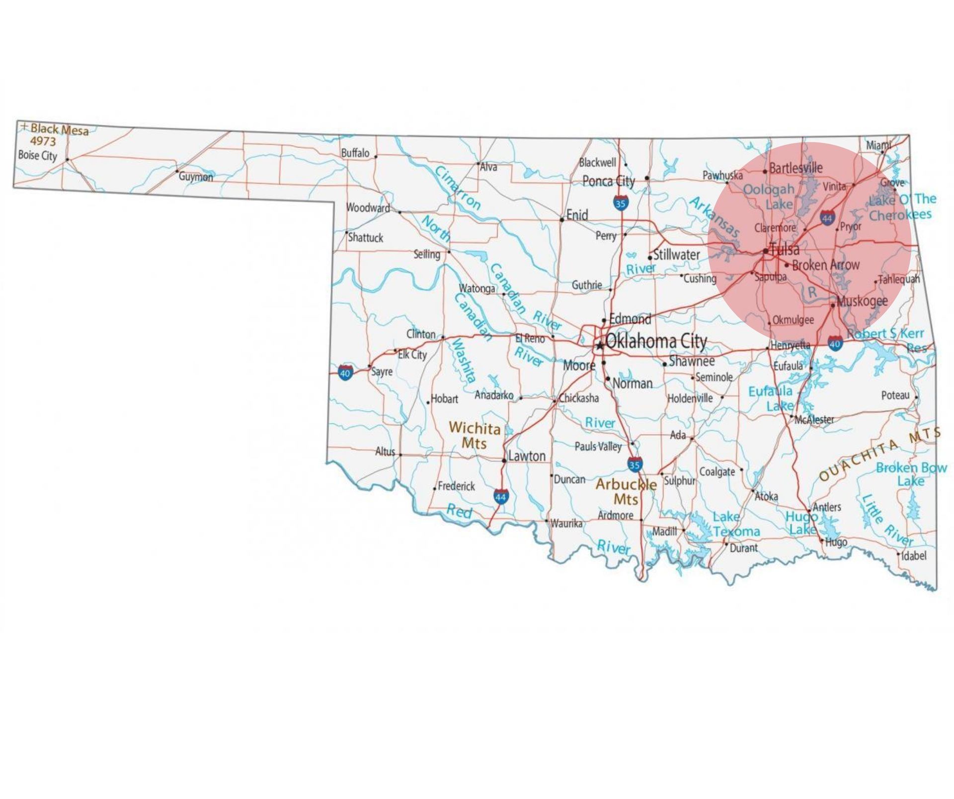 Map of Oklahoma highlighting the Tulsa metropolitan area in a light red circle.