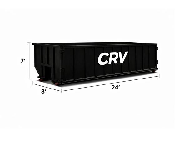 A black, rectangular roll-off dumpster labeled 
