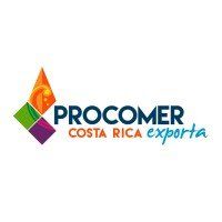 Logotipo para PROCOMER, Costa Rica Exporata, con forma abstracta y texto colorido.