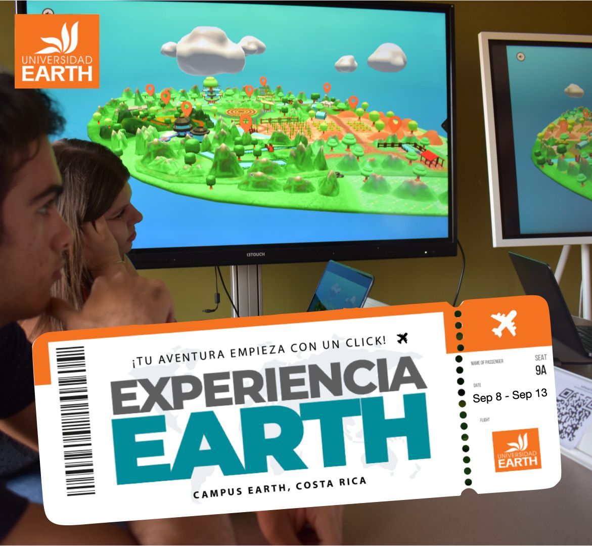 Dos personas observan una Tierra animada en 3D. Un boleto superpuesto dice 