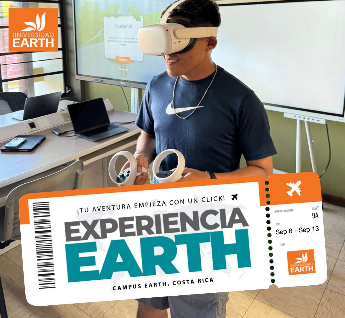 Hombre con gafas de realidad virtual en un aula; boleto de 