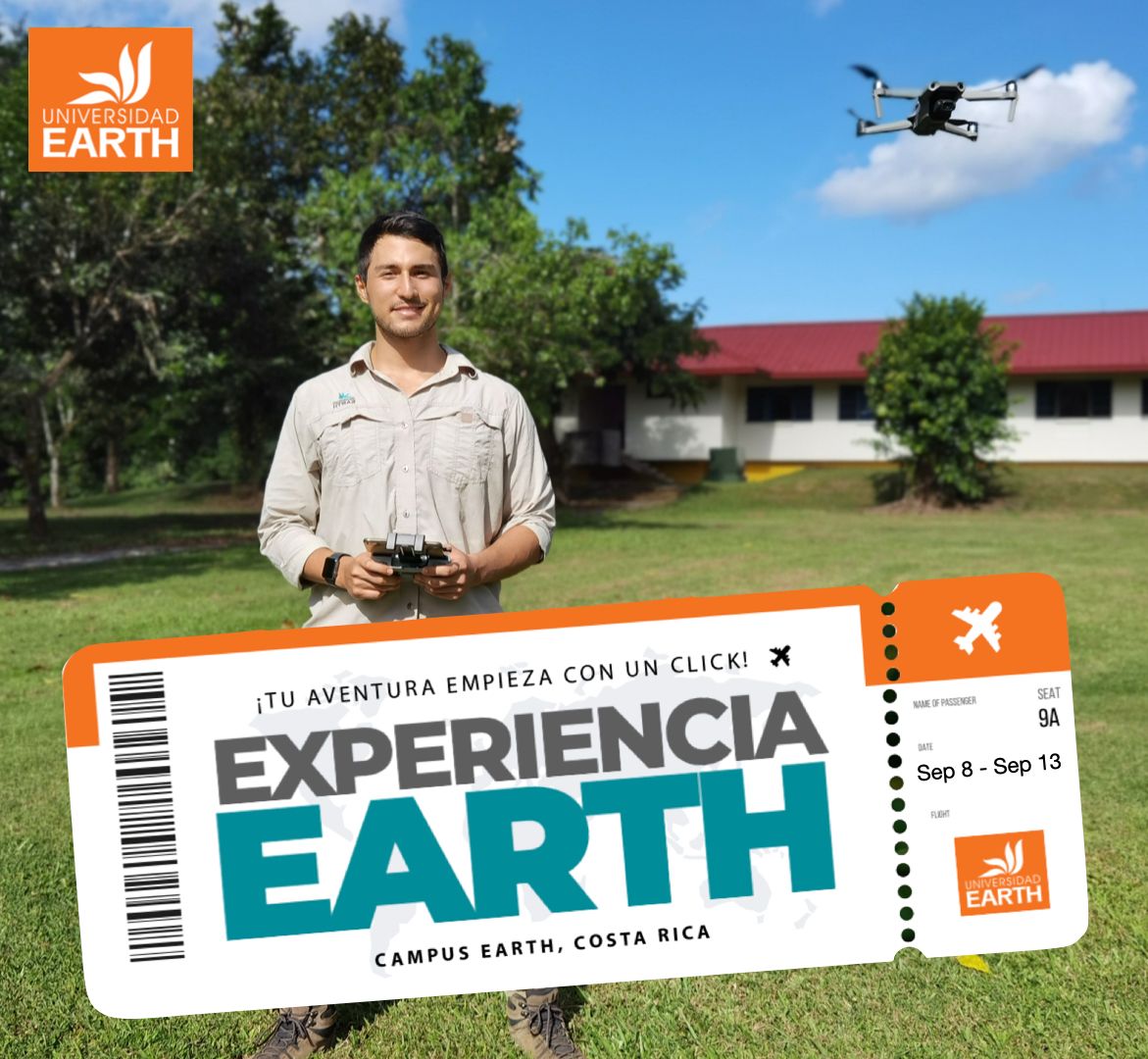 Un hombre sostiene un control remoto para dron, con un dron en el cielo. El boleto de 