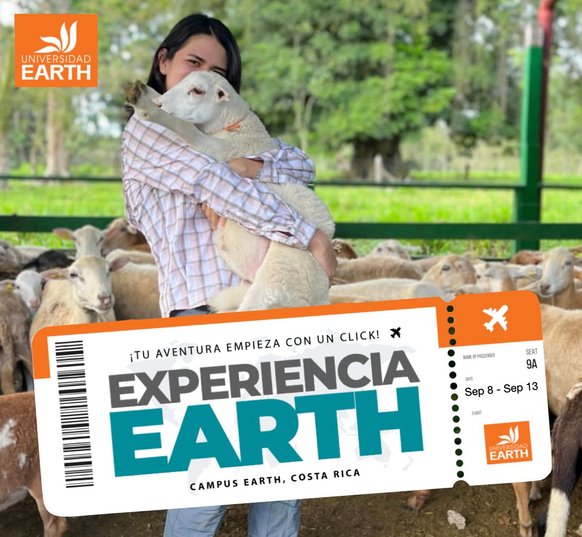 Mujer abrazando a un cordero en Earth Experience, Costa Rica. Incluye un diseño de entrada con texto.