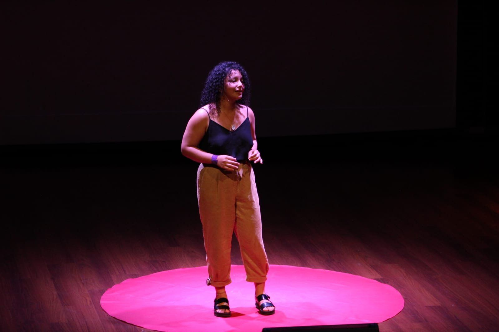 Mujer en un escenario, hablando al público, en un círculo de luz rosa.