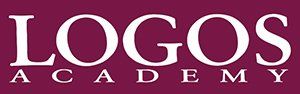 Logotipo de Logos Academy con texto blanco sobre fondo granate.