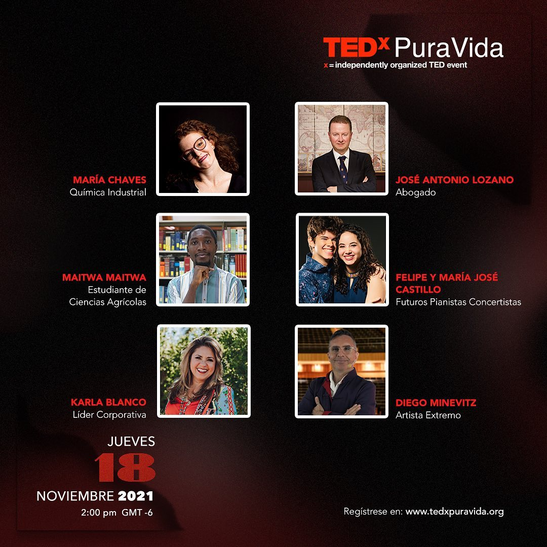 Póster del evento TEDx Pura Vida con fotos de los oradores y detalles del evento.