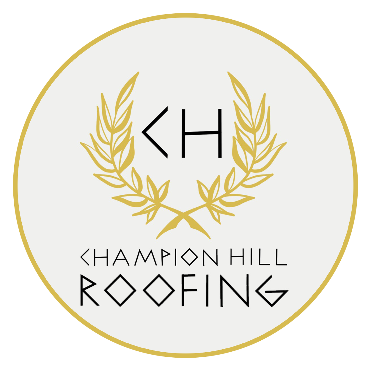 Champion Hill Roofing logo: Gold laurel wreath and initials "KH" inside a light tan circle. Text "Champion Hill Roofing."