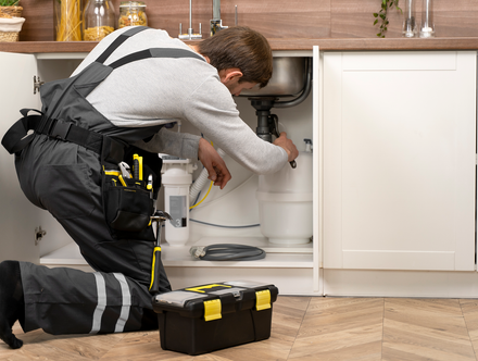 A plumber is fixing a sink in a kitchen.