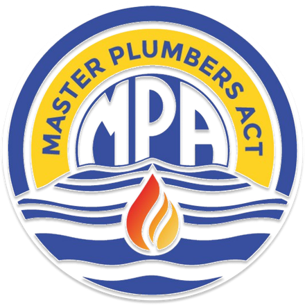A master plumbers act logo with a flame in the middle