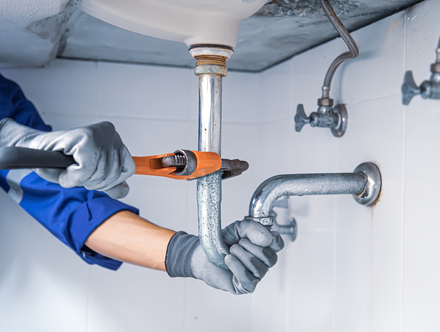 A plumber is fixing a sink pipe with a wrench.