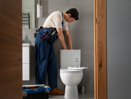 A plumber is fixing a toilet in a bathroom.
