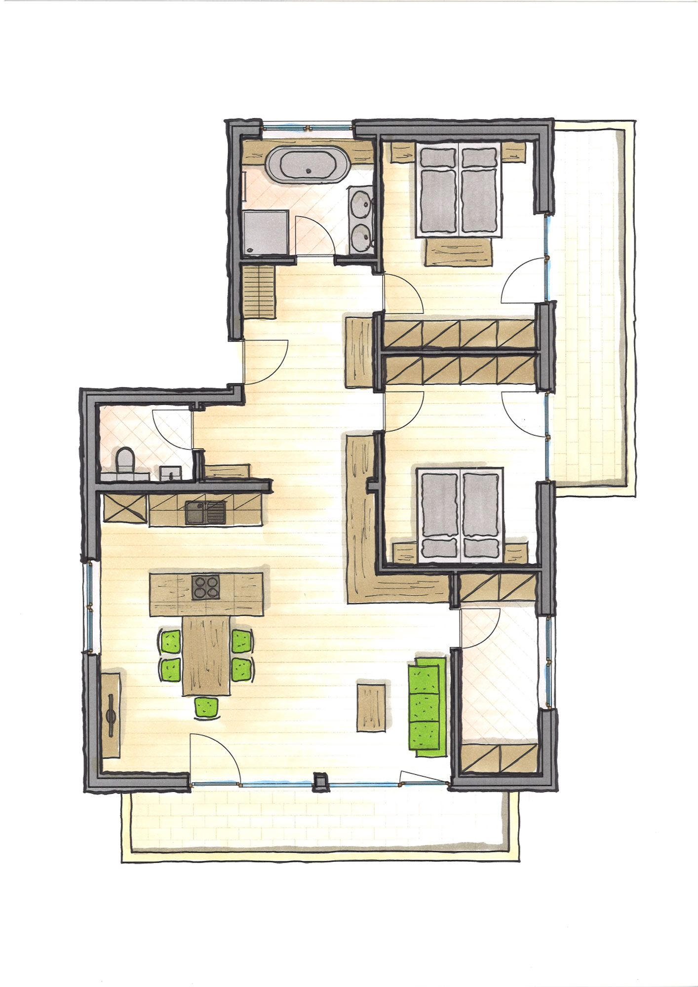 Ein Grundriss eines Hauses mit Balkon und Bett.