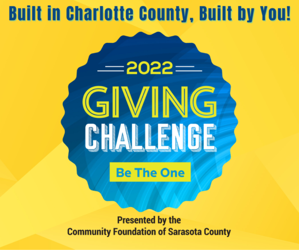 2022 Giving Challenge graphic. Blue and yellow design, encouraging donations to local charities. 