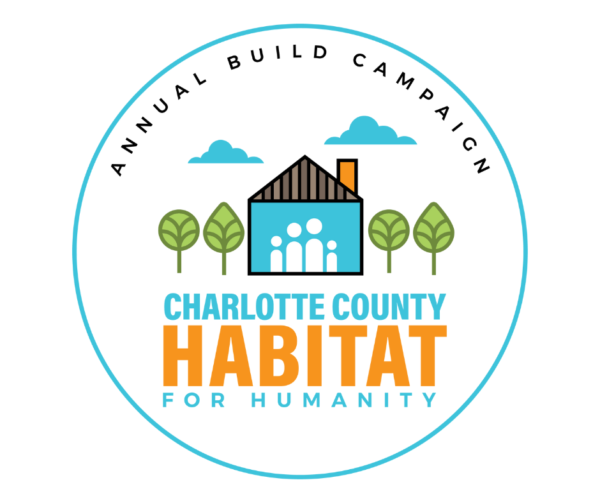 Logo: Charlotte County Habitat for Humanity annual build campaign; house icon, trees, blue and orange text.