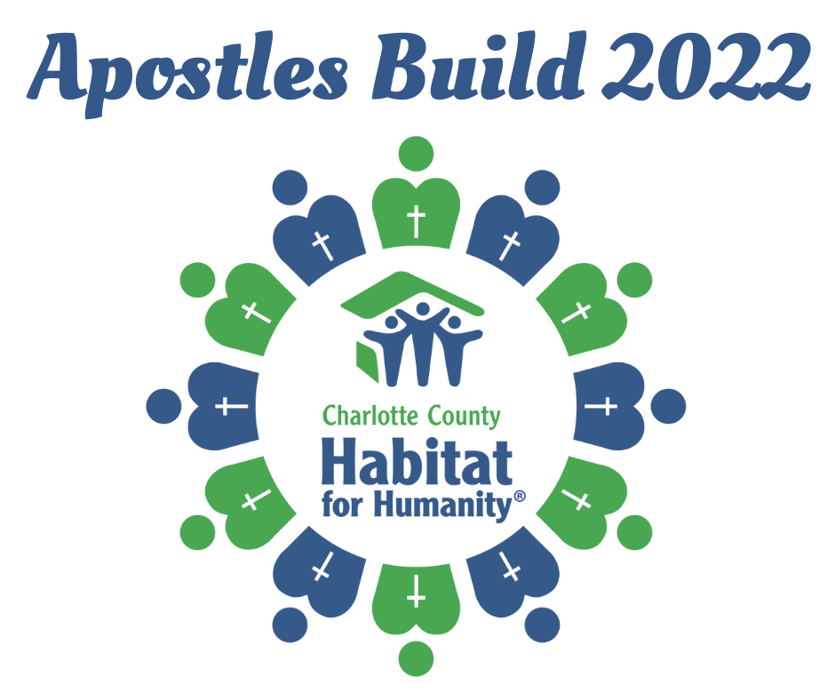Apostles Build 2022 logo for Charlotte County Habitat for Humanity. Green and blue people around central logo with hands raised.
