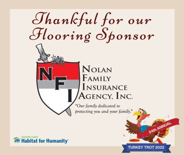 Ad for Habitat for Humanity's Turkey Trot sponsored by Nolan Family Insurance. Features logo, turkey, and text.