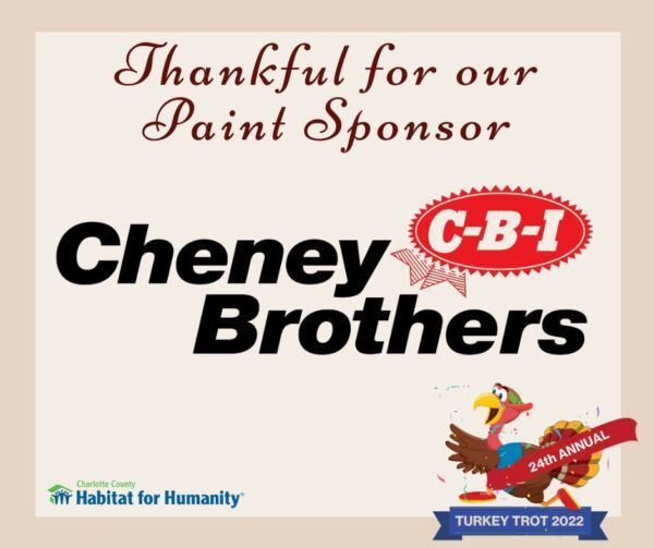 Sponsor graphic for the Turkey Trot 2022, with the Cheney Brothers logo and a turkey mascot.