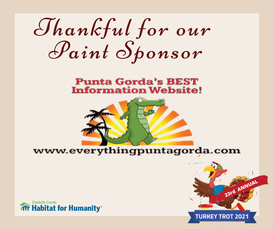 Advertisement for Punta Gorda's Turkey Trot, featuring a cartoon turkey and alligator, and thanking a paint sponsor.