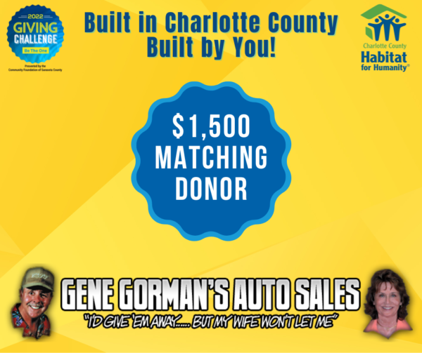 Advertisement for Habitat for Humanity: $1,500 matching donor from Gene Gorman's Auto Sales, yellow background, blue accents.