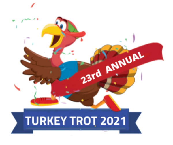 Cartoon turkey running with a banner reading 