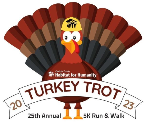 Turkey mascot wearing a hard hat for the 25th Annual OCR Habitat for Humanity Turkey Trot 5K run/walk.