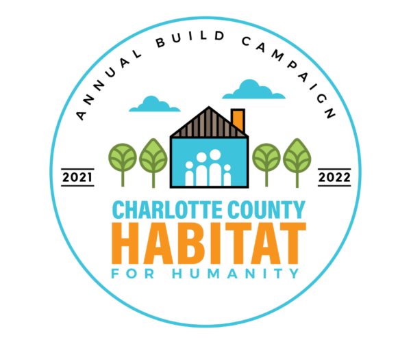 Logo for Charlotte County Habitat for Humanity's Annual Build Campaign. Shows a house, family, trees, and text.