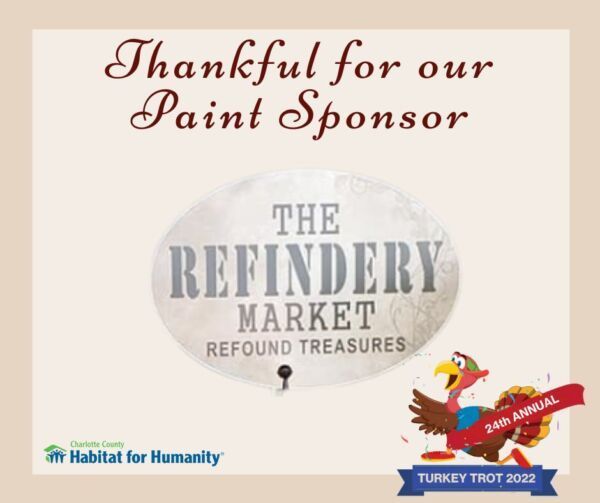 Advertisement for Habitat for Humanity's Turkey Trot 2022, thanking The Refindery Market as a paint sponsor, featuring a running turkey.