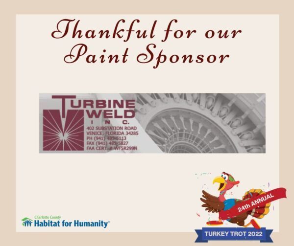 A Thanksgiving ad thanking Turbine Weld for sponsoring Habitat for Humanity's Turkey Trot 2022.