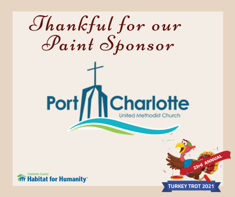Promotional graphic for Turkey Trot 2021: a church is the paint sponsor. Brown turkey graphic.
