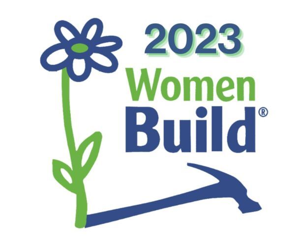 2023 Women Build logo with a blue flower, green stem, and a hammer forming the base.