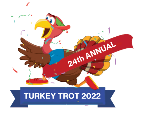 Cartoon turkey running with banner, 