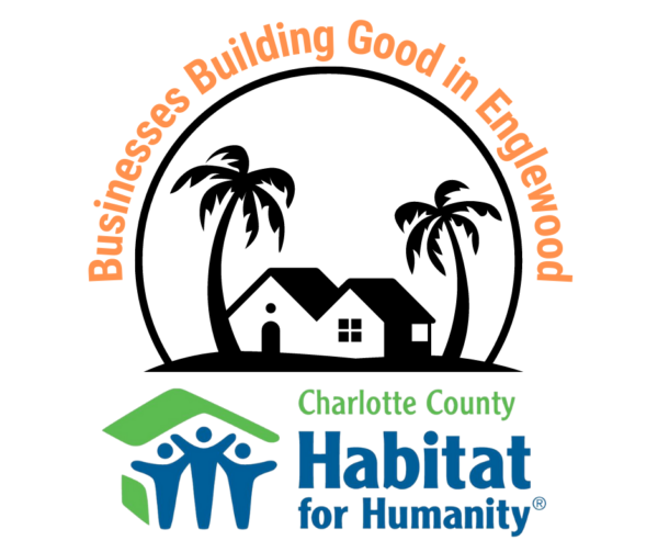 Habitat for Humanity logo with houses and palm trees, supporting Englewood businesses.