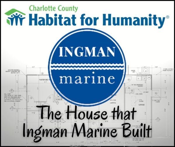 Habitat for Humanity logo with Ingman Marine logo centered over a blueprint, 
