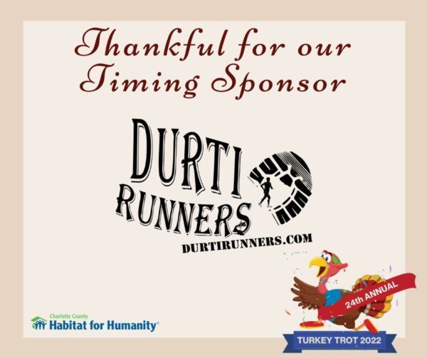 Sign thanking Durti Runners for sponsoring the Turkey Trot 2022, featuring a turkey graphic.