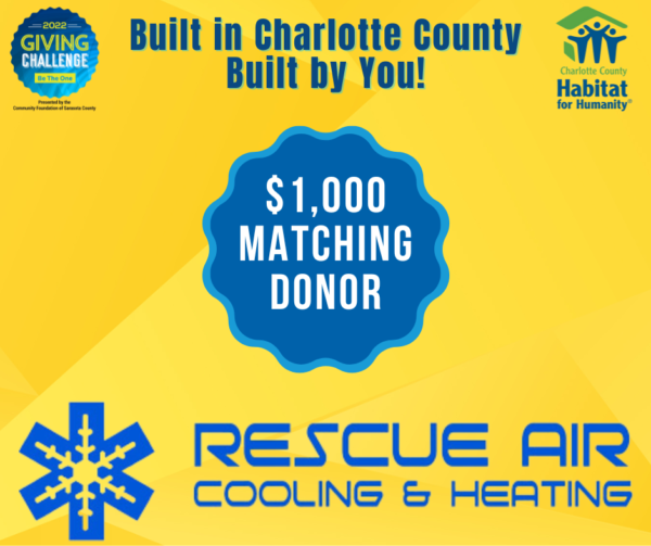 Advertisement for Habitat for Humanity in Charlotte County, with a $1,000 matching donor from Rescue Air.