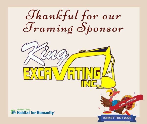 King Excavating Inc. sponsor ad for Habitat for Humanity Turkey Trot. Brown text with logo and running turkey.