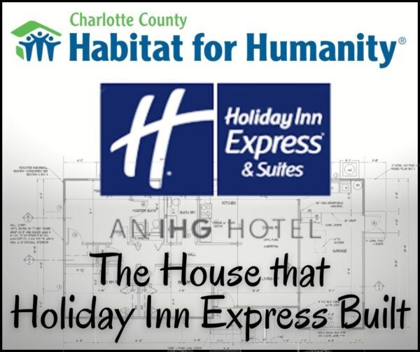 Logo for Charlotte County Habitat for Humanity and Holiday Inn Express, with blueprint background. 