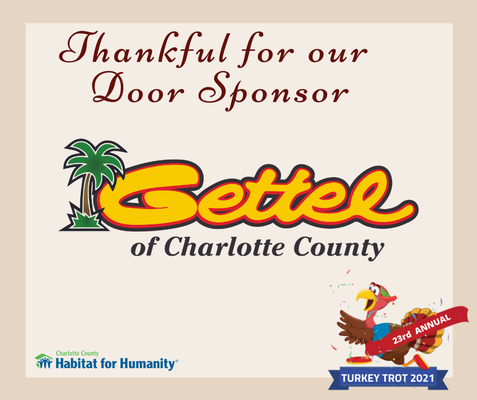Thankful for Door Sponsor Settel of Charlotte County, with a turkey trot logo and Habitat for Humanity logo.