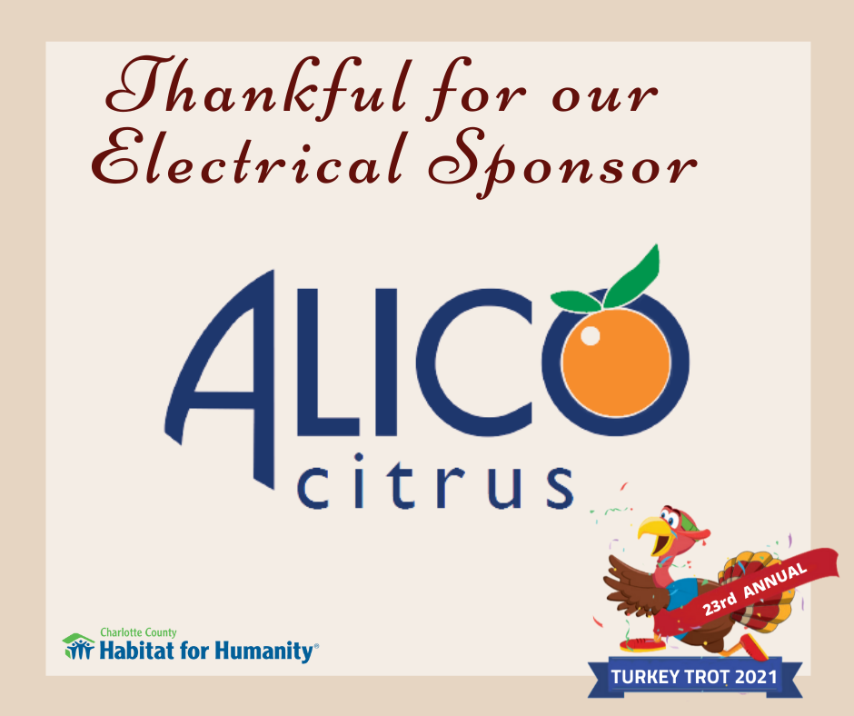 Sign thanking Alico Citrus (sponsor) for the Habitat for Humanity Turkey Trot. Features logo and turkey graphic.