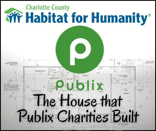 Habitat for Humanity logo with a Publix logo over a blueprint, text reads: 
